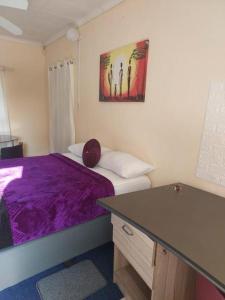 sypialnia z fioletowym łóżkiem i biurkiem w obiekcie Plk Noord Guesthouse w mieście Polokwane