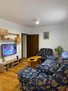 een woonkamer met 2 banken en een flatscreen-tv bij Garden Oasis Apartment in Veles