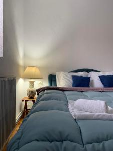 a bedroom with a bed with blue pillows and a lamp at Garden Oasis Apartment in Veles
