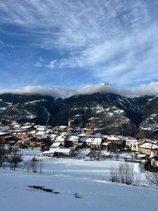 a town with snow covered houses in a mountain at Appartement 5 personnes-1 chambre- Longefoy-Montalbert - La plagne in Aime-La Plagne