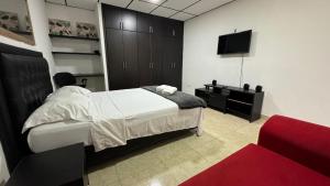 um quarto com uma cama e uma televisão de ecrã plano em Acogedor apartaestudio ubicado en la zona rosa de Pereira em Pereira