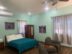 a bedroom with a bed and a couch and a chair at Lily Pad II in Caye Caulker