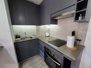 a small kitchen with black cabinets and a sink at Apartamento Santiago Caupolicán in Santiago