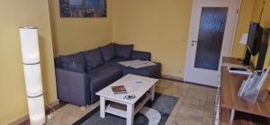 uma sala de estar com um sofá e uma mesa em FeWo Schwerin-Zippendorf mit Sauna und Strandnähe, 4 km bis zur City em Ostorfer Hals