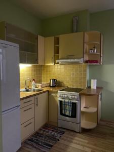 a small kitchen with a stove and a refrigerator at Studio Apartment Old Town in Klaipėda