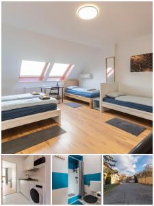 two pictures of a bedroom with two beds at R APARTMENTS BUDAPEST in Budapest