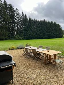 - une table de pique-nique et des chaises à côté d'un grill dans l'établissement Château de Porcheresse, à Daverdisse