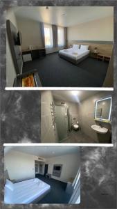 duas fotografias de um quarto de hotel com uma cama e uma casa de banho em HOTEL ARTA em Starychi