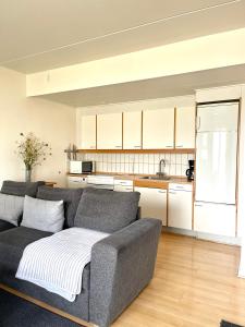 ein Wohnzimmer mit einem Sofa und einer Küche in der Unterkunft Udsigten in Rudkøbing