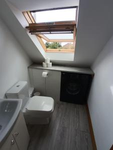 een badkamer met een toilet, een wastafel en een raam bij Entire modern cottage close to beach - Pet friendly in Gosport