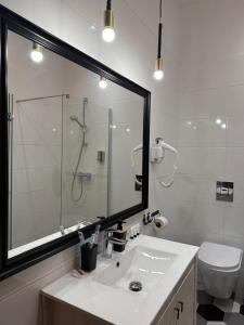 a bathroom with a sink and a shower and a mirror at Centrum Apartamenty Stare Miasto in Kraków +5 photos