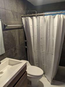 a bathroom with a toilet and a shower curtain at Dpto. a unos pasos de la playa en Las Brisas in Manzanillo