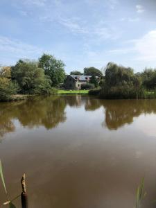 a view of a lake with a house in the background at Mwsogl - Luxurious Family Fishing Lodge Near Aberaeron With Private Fishing in Cross Inn