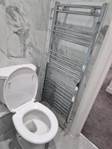 a bathroom with a white toilet and a shower at Spacious single bedrooms in central location with parking in New Barnet