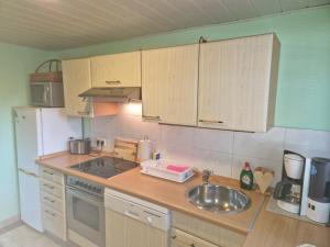 a kitchen with wooden cabinets and a sink and a refrigerator at FeWo Schwerin-Zippendorf mit Sauna und Strandnähe, 4 km bis zur City in Ostorfer Hals