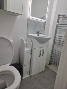 a small bathroom with a sink and a toilet at Spacious single bedrooms in central location with parking in New Barnet