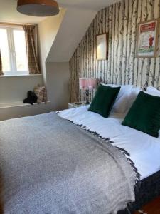 a bedroom with a large bed with green pillows at Rhedyn - Cosy Fishing Lodge Near Aberaeron in Cross Inn
