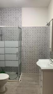 uma casa de banho com um chuveiro, um WC e um lavatório. em La Rosa Verde di Francavilla Marittima em Francavilla Marittima