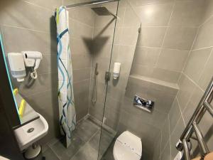 uma pequena casa de banho com chuveiro e WC em HOTEL ARTA em Starychi