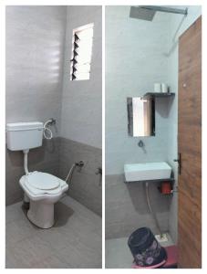 two pictures of a bathroom with a toilet and a sink at Madhav Homestay in Dwarka