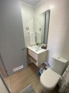 ein weißes Bad mit einem WC und einem Waschbecken in der Unterkunft Departamentos Bahia Suites in Bahia Inglesa