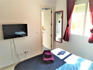 um quarto com uma cama e uma televisão de ecrã plano em Pino Suite em Sevilha