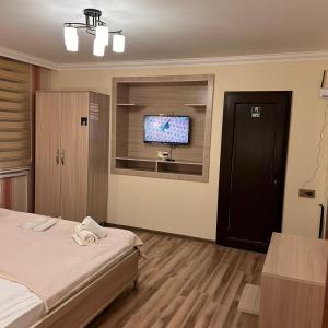 Schlafzimmer mit einem Bett und einem Flachbild-TV in der Unterkunft Sheki Hilal Boutigue in Şəki