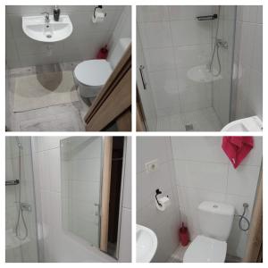 four pictures of a bathroom with a shower and a toilet at Apartament in Maniowy