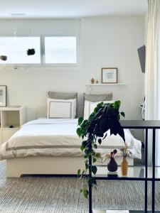ein Schlafzimmer mit einem Bett und einem Tisch mit einer Pflanze in der Unterkunft Studio Apartment am Bodensee - modern und stilvoll in Ermatingen