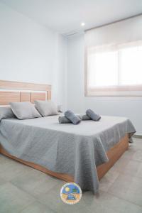 ein Schlafzimmer mit einem großen Bett mit einer grauen Decke in der Unterkunft Estrella Del Mar in San Juan de los Terreros