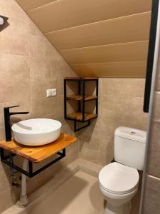 a bathroom with a white toilet and a sink at Nino & Irodi's Guest House in Kutaisi