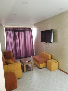 uma sala de estar com um sofá e uma televisão de ecrã plano em Marjanishvili16 53B em Tbilisi