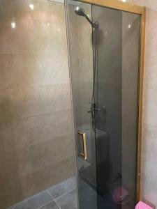 y baño con ducha y puerta de cristal. en Coy Apartments Kayseri #1, en Talas