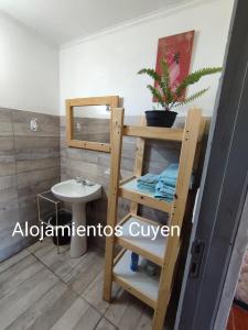 y baño con aseo y lavamanos. en Alojamientos CUYEN para 4 personas Playa Quequen y El Faro en Quequén