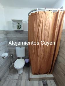 y baño con aseo y cortina de ducha. en Alojamientos CUYEN para 4 personas Playa Quequen y El Faro en Quequén