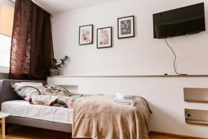 um quarto com uma cama e uma televisão de ecrã plano em M&M Apartment em Człuchów