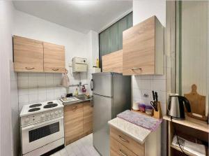 La cuisine est équipée d'un réfrigérateur en acier inoxydable et de placards en bois. dans l'établissement Apartment Old town Milica, à Herceg-Novi