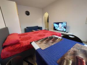 Un dormitorio con una cama roja y un televisor. en Studio Apartment in City Center, en Sindelfingen