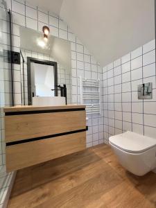 a bathroom with a toilet and a sink and a mirror at Danube Luxury Suite in Budapest