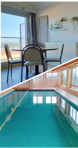 a house with a swimming pool with chairs and a table at Residentie Romanza in Middelkerke