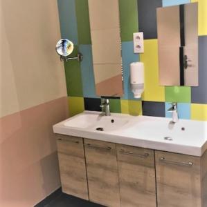 La salle de bains est pourvue d'un lavabo et d'un miroir. dans l'établissement trendy hostel, à Ivry-sur-Seine