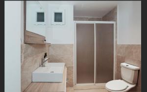 a bathroom with a toilet and a sink and a shower at Ada Apart Otel in İzmir