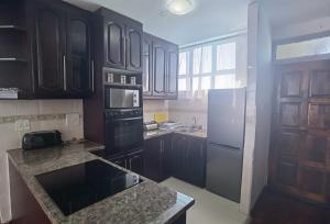 een keuken met zwarte kasten en een koelkast bij Lela Holiday Apartments in Durban