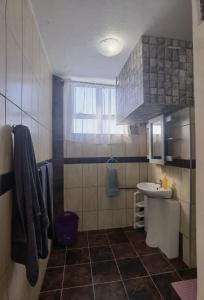 een kleine badkamer met een wastafel en een toilet bij Lela Holiday Apartments in Durban