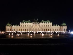 un gran edificio con luces delante de él por la noche en Casa Magnolia Vienna en Leopoldsdorf