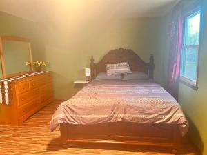 a bedroom with a bed and a dresser and a mirror at Cozy Apartments In Cheektowaga in Cheektowaga