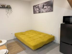 1 dormitorio con 1 cama amarilla en una habitación con nevera en Phantasialand, Therme, Köln, Bonn, Arbeitsplatz, Bäckerei um die Ecke, en Euskirchen