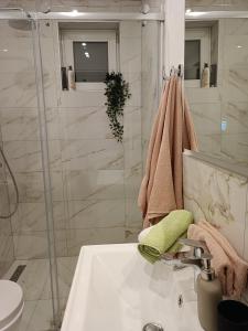 y baño blanco con lavabo y ducha. en Apartman na jezeru en Zagreb