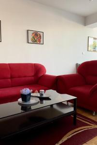 a living room with a red couch and a coffee table at Anastasija's Place in Skopje
