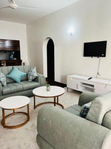 a living room with two couches and a tv at WYNE'S COZY 2 BEDROOM IN SHANZU in Mombasa